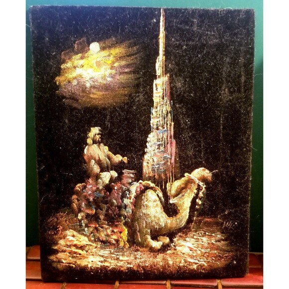 Pair Vintage Black Velvet Camel Paintings Kitsch Mid Century Artwork 8"x10" - Picture 2 of 5